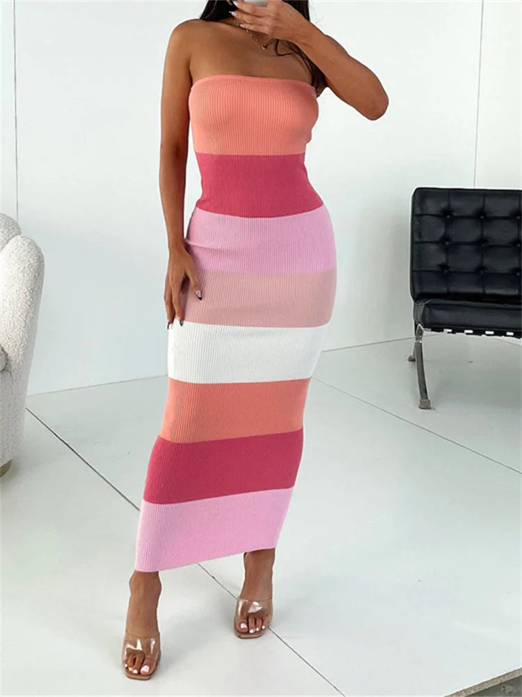 Hnewly Women Summer Strapless Knitted Ribbed Dress Female Sexy Midi Vestidos Sleeveless Off Shoulder Dresses Striped Outfits