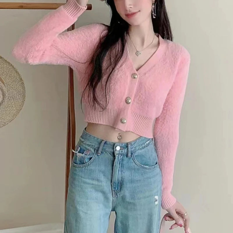 Hnewly  Fuzzy Knit Sweater Cardigan Women  Long Sleeve V-Neck Button Front Short Shrug Cardigan Teen-girl Fall Winter Y2K Outfit