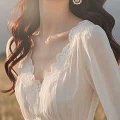 Hnewly  French Chic and Fashionable White Lace V-neck Shirt Spring