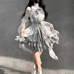 Hnewly  Original Gothic Lolita Dress Set Spring and Summer New Women's Sweet Slim-Fit Horn Sleeves Shirt Skirt Waist Seal 3-piece Set