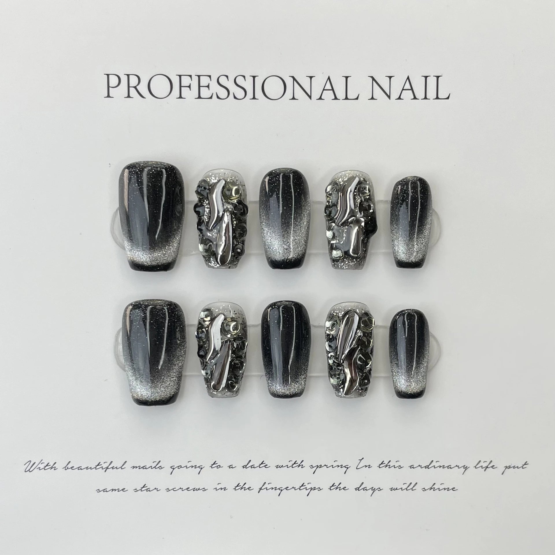 Hnewly 10Pcs Light Luxury Handmade Press On Nails French coffin Cat Eye Fake Nails with Diamond Full Cover Wearable Artificial Nail Tip
