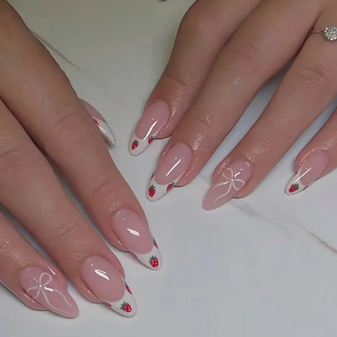 Hnewly 24Pcs Cat Eye Press on Nails with Almond Head Bow Diamond Stick on False Nail Sweet Pink French Full Cover Artificial Nails Tips