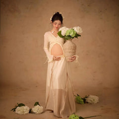 Hnewly  Women Photography Props Maternity White Elegant Pregant Split Top with Skirt Pregnancy Dresses Studio Photo Shoot Photo Clothes