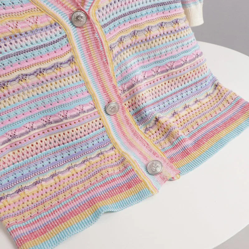 Hnewly Rainbow Striped Knitted Sweater For Women's 2025 Summer New  Thin Short Sleeved V-neck Hollow Out Holiday Sun Protection Top