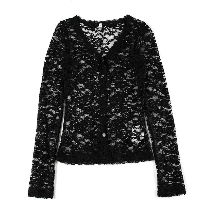 Hnewly Sexy Black Lace Crop Top Solid Transparent Button-up T-shirt Smock Women Full Sleeve V-neck Club Tees Shirts Y2k Vintage