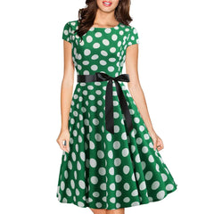 Hnewly  Summer Vintage Women's round Neck Cover Sleeve Polka Dot Maxi Dress with Black Silk Cotton Lined Cleanfit mid Waist Dress