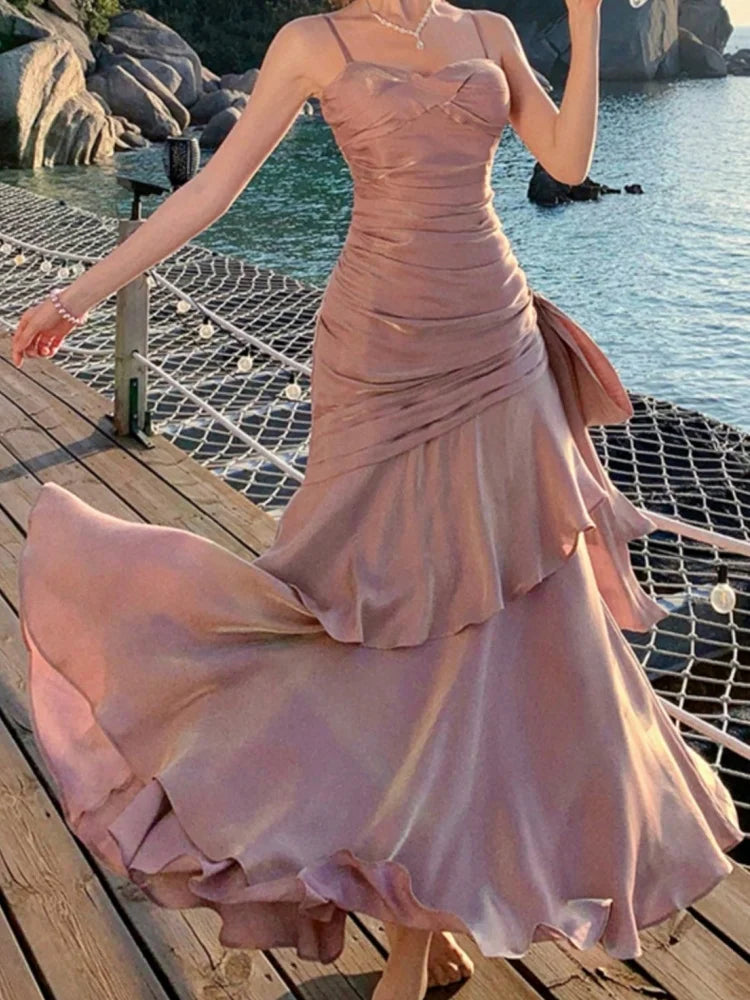 Hnewly Women Elegant Spaghetti Straps Ruffles Graduation Party Dress Slim Waist Wedding Bridesmaid Dresses Festival Formal Clothes New