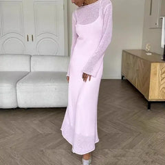 Hnewly  Elegant Knitted Sweater Long Dress Women Sexy See Through Mesh Maxi Dress Sweet Fashion Solid Beach Vacation Dresses