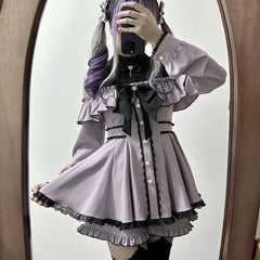 Hnewly  Mine Mass-Produced Oversize Dress Set for Women Spring Japanese Slim Fit Lolita Long Sleeve Top and Shorts 2-Piece Set for Women