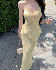 Hnewly  Women Dresses Sleeveless Lace Patchwork Ruffles V Neck Slim Backless Holiday Party Dress Female Fashion Sweet Casual