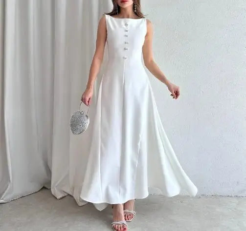 Hnewly  Women's New Solid Color Round Neck  Elegant Casual  Sleeveless Button - Front Maxi Dress