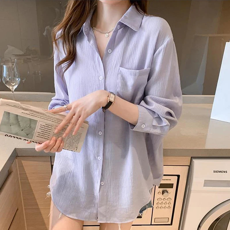 Hnewly  Concise Single Breasted Shirts for Women Spring Autumn Turn Down Collar Long Sleeve Blouses Woman Solid Color Outwear Lady