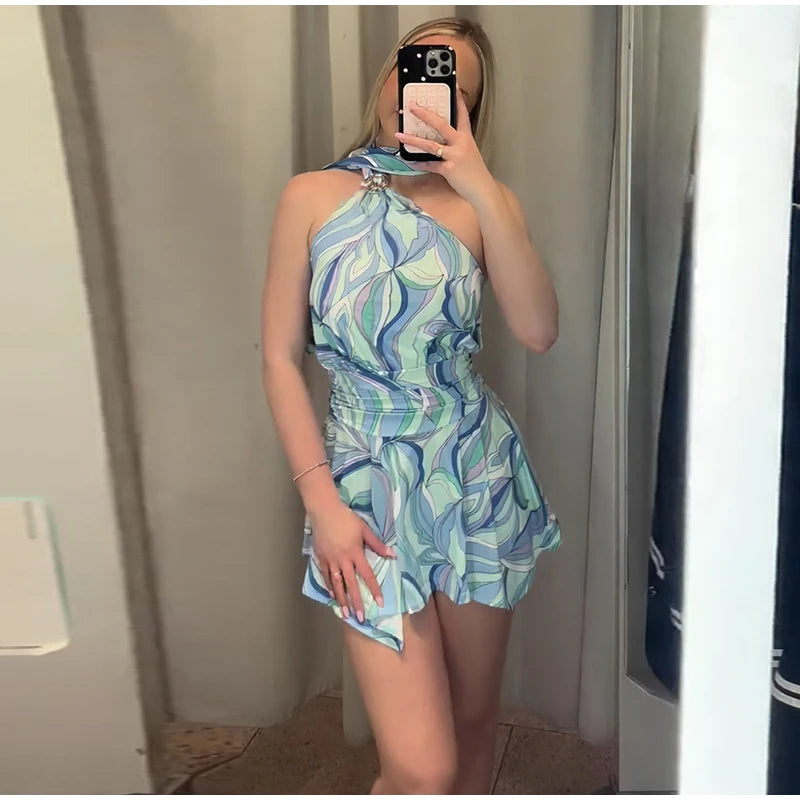 Hnewly  Swirl Print Halter Neck Mini Dress Sleeveless Spaghetti Strap Slim Fit Short Dresses Summer Casual Fashion Beach Sundress