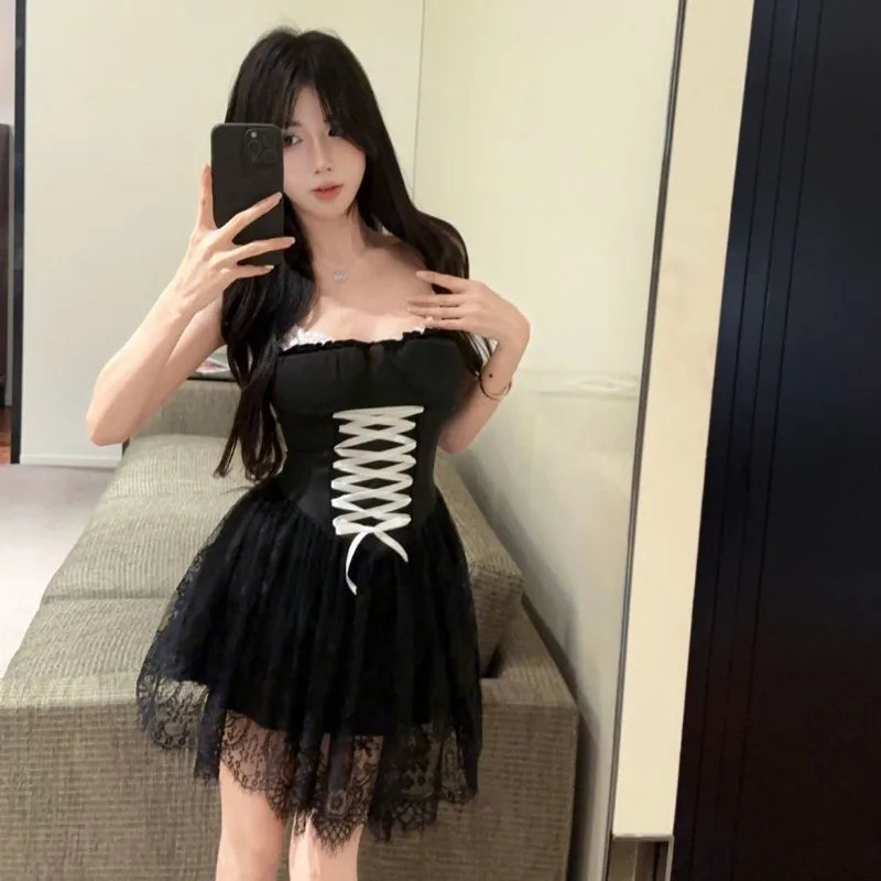 Hnewly  Woman Dress Bandage Sleeveless Slim Lace Patchwork Mesh Ribbon Backless Sweet Elegant Party Mini Dresses Female