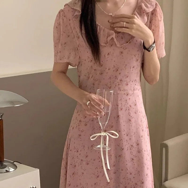 Hnewly  Woman Dress Short Sleeve Floral Printed Ruffles French Style Chic Summer Fashion Casual Temperament Elegant Dresses