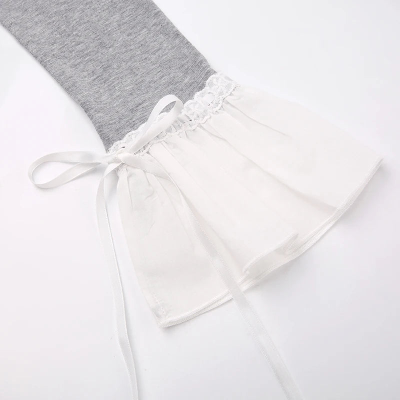 Hnewly Lace Frill Bow T-Shirts Patchwork Long Sleeve Y2K Sweet Girl Slim Fit Korean Harajuku Casual Women Cotton Pullover Tops