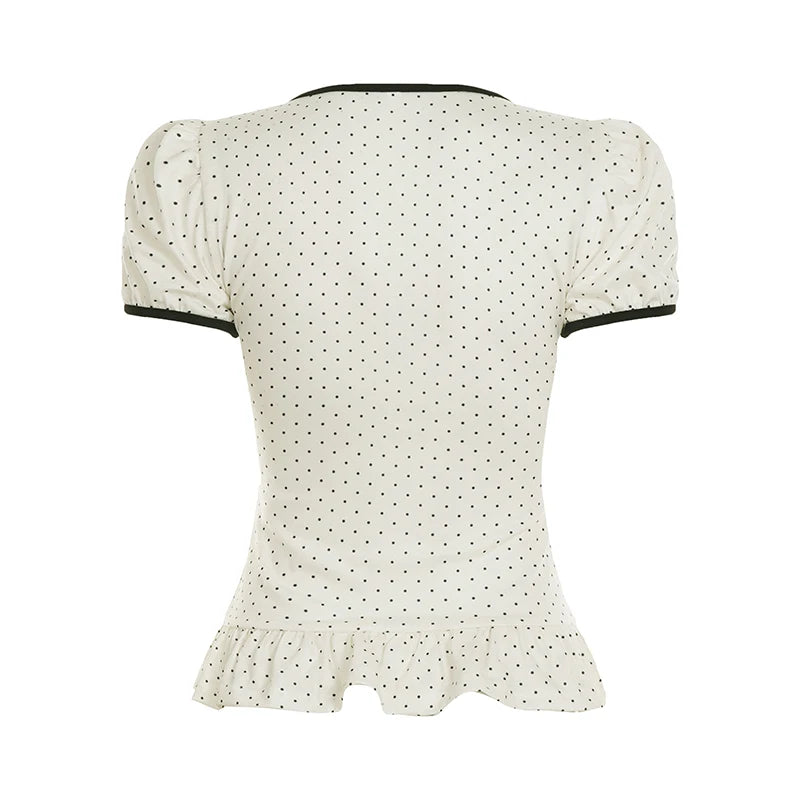 Hnewly Fashion Chic Cute Sweet Women Causal T-Shirts Short Sleeves Ruffly Polka Dot Prints Edible Tree Fungus Blouses