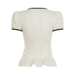 Hnewly Fashion Chic Cute Sweet Women Causal T-Shirts Short Sleeves Ruffly Polka Dot Prints Edible Tree Fungus Blouses