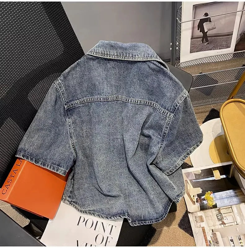 Hnewly  Retro Denim Jacket Women's 2025 Summer New Loose Versatile Short Sleeved Top Large Size Single Breasted Turndown Collar Shirt