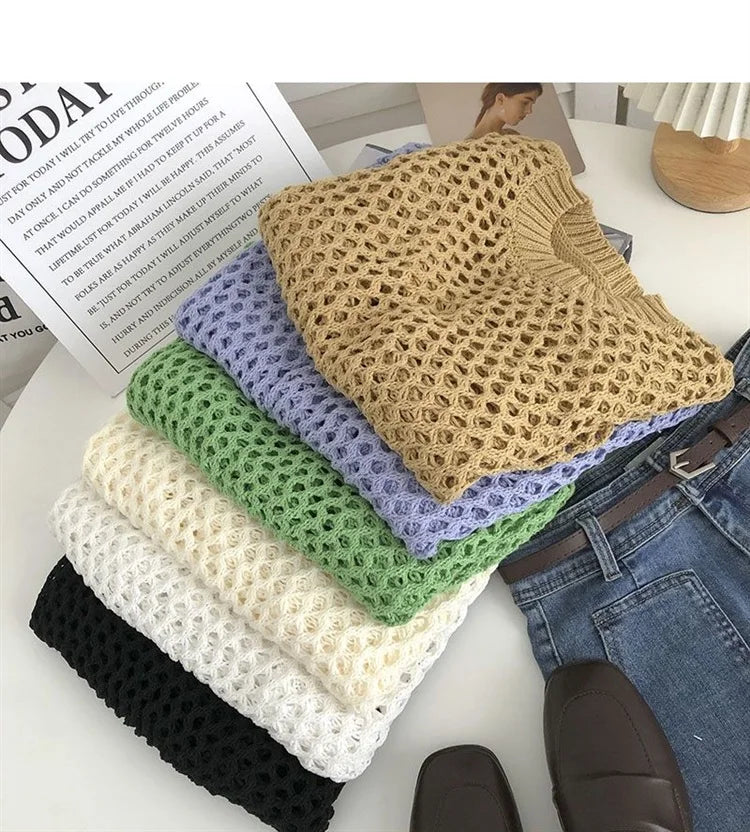 Hnewly Hollow Sun Protection Shirt Women's Summer Loose Pullover O-Neck Puff Long Sleeve Air Conditioning Knitwear Korean Retro Top