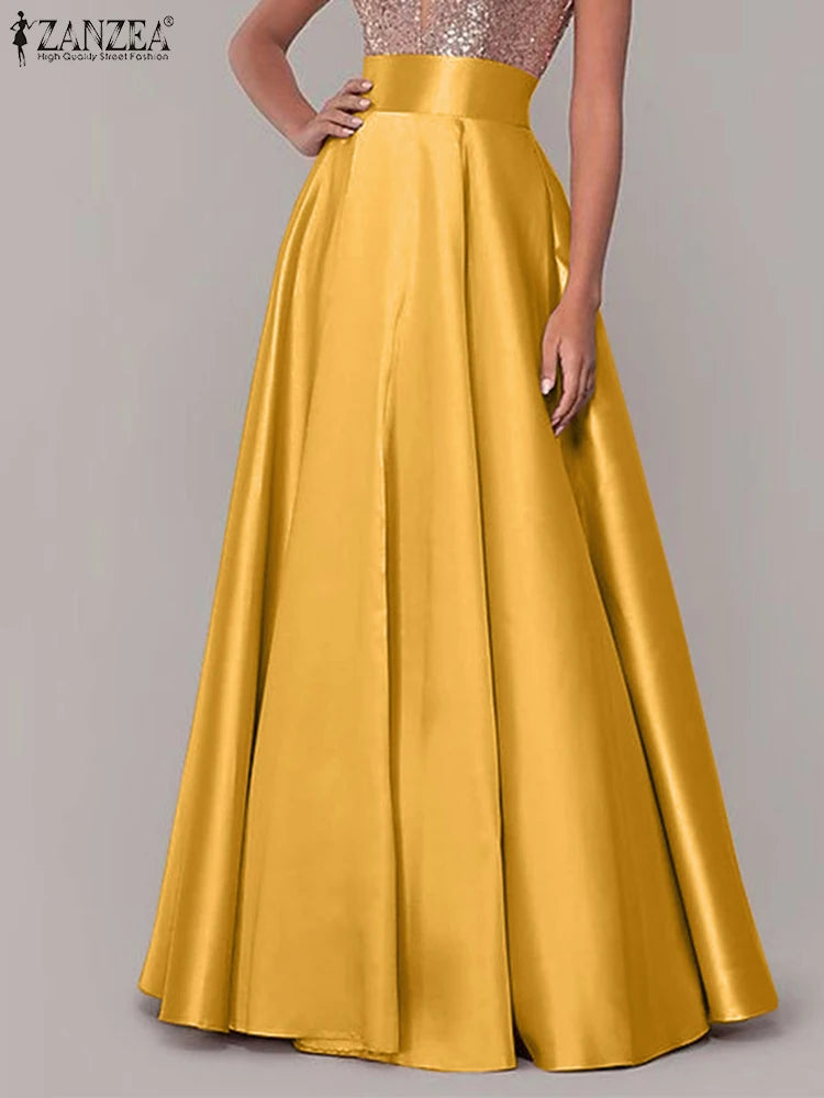 Hnewly Bohemian Women Satin Silk Long Skirts Cotton Solid Elegant Loose Sundress Femme Elastic Waist Oversized Casual Dresses
