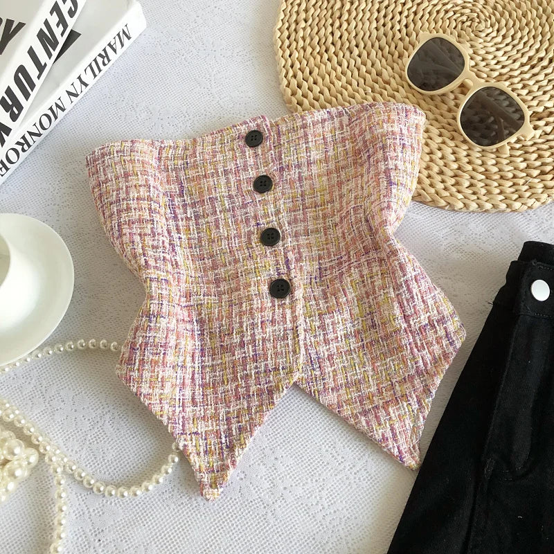 Hnewly  Retro Tweed Vest Elegant Off Shoulder Strapless Slim Irregular Short Top Women's Spring Summer Single Breasted Sleeveless Tank