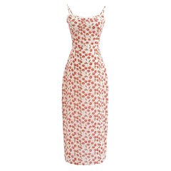 Lunivop  Retro French style Summer Cherry Print Corset Style Midi Sling Dress Sexy Women Spliced Lace V neck Back Slit Long Robe