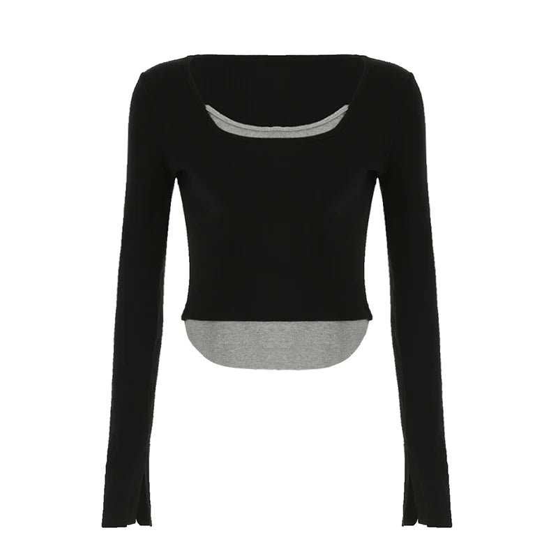 Hnewly Contrast Stitching Crop Top Harajuku y2k Casual Full Sleeve Patchwork T-shirts for Women Fall Basic Tee Ladies Streetwear