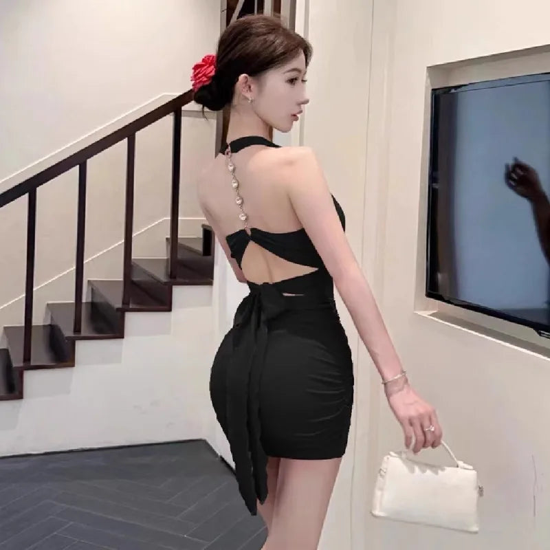 Hnewly  Woman Dress Sleeveless Sexy Halter Slim Backless Bow Backless Solid Elegant Summer Fashion Party Mini Dresses Chic
