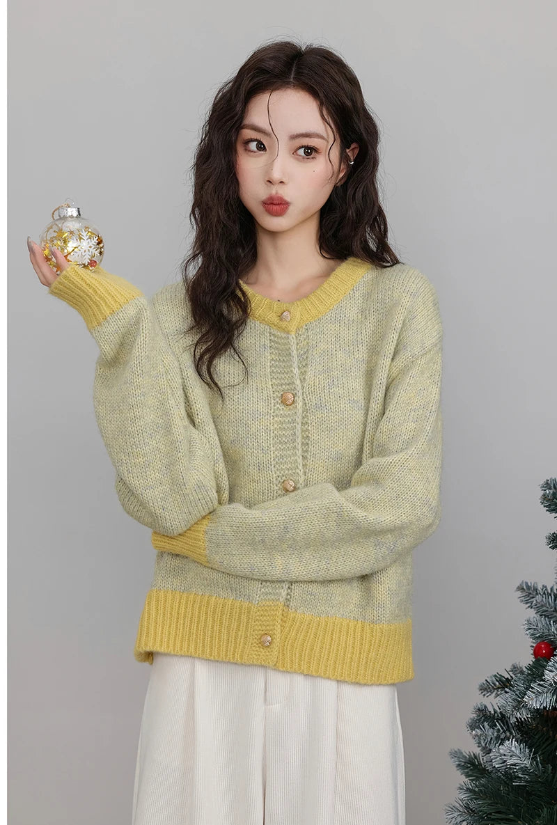 Hnewly Single-breasted Cardigan Long Sleeve Patchwork Knitted Sweater O-Neck Casual Warm Coat Office Outerwear Autumn Winter