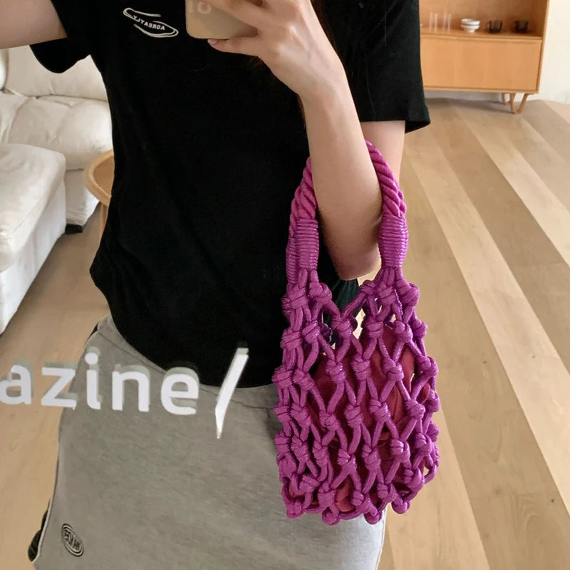 Hnewly  Ins Hollowed Out Handmade Handbag Cotton Crochet Rope Woven Tote Bag Casual Versatile Vacation Beach Grass Bags
