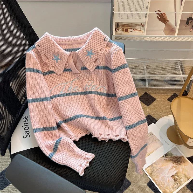 Hnewly  Short Sweater Women's Autumn Winter 2025 New Stripe Hollow Out Fashion Star Letter Knitwear Long Sleeve Top Thicked Pullover