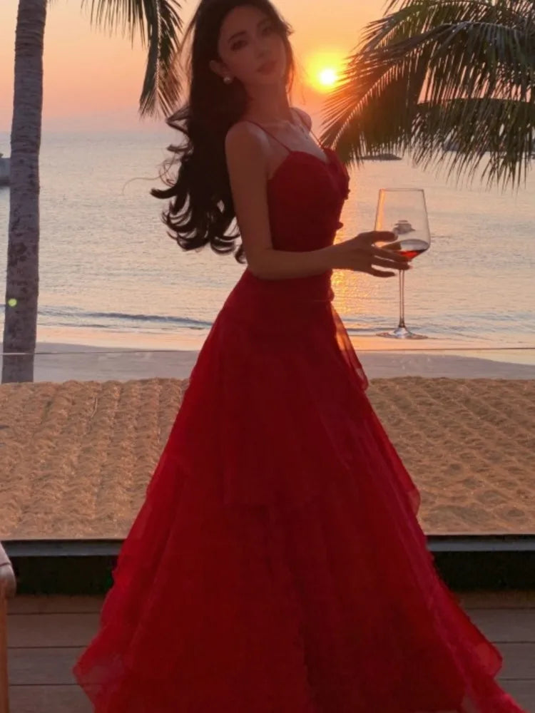 Hnewly Summer Red Womens Dresses Elegant Spaghetti Strap Sleeveless Ruffles Birthday Party Long Dress Holiday Prom A-Line Vestidos New