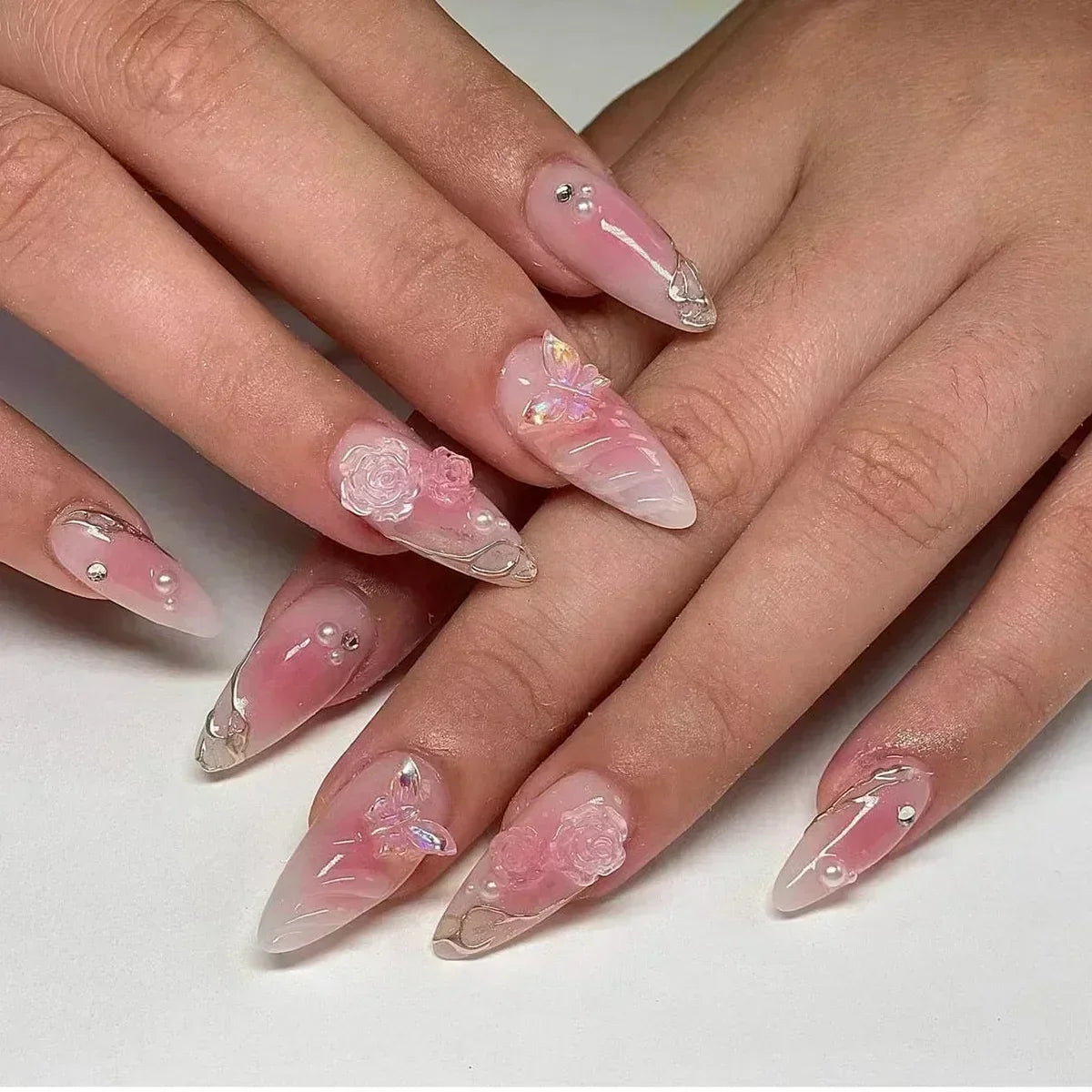 Hnewly 24Pcs White Almond False Nails Ballet with French Design Wearable Fake Nails Gradient Simple Full Cover Press on Nail Tips Art