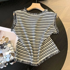 Hnewly  Striped Round Neck Knitted Sweater Cardigan Women's Tassel Sleeveless Vest Tops Single Breasted Versatile Fashion Jacket