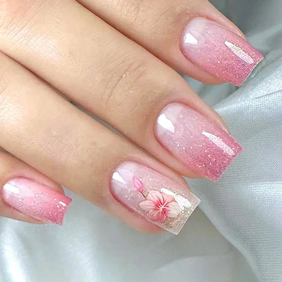 Hnewly 24pcs Short Square Head French Ballet Nails White Edge Flower Fake Nails with Glue Wearable Full Cover Press on Nails Tip Art
