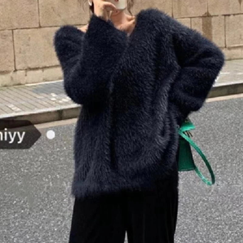 Hnewly  Fuzzy Mohair Knit Sweater Pullover Women Cozy Long Sleeve V-Neck Plain Jumper Soft Knitwear Teen-girl Fall Winter Casual Outfit
