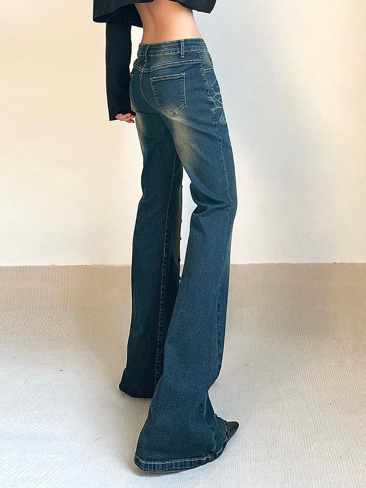 Hnewly Vintage Low Waist Flare Jeans Women Y2K Chic Rivet Slim Pencil Jean Pants Streetwear Fashion Retro Denim Trouser Korean