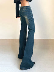 Hnewly Vintage Low Waist Flare Jeans Women Y2K Chic Rivet Slim Pencil Jean Pants Streetwear Fashion Retro Denim Trouser Korean