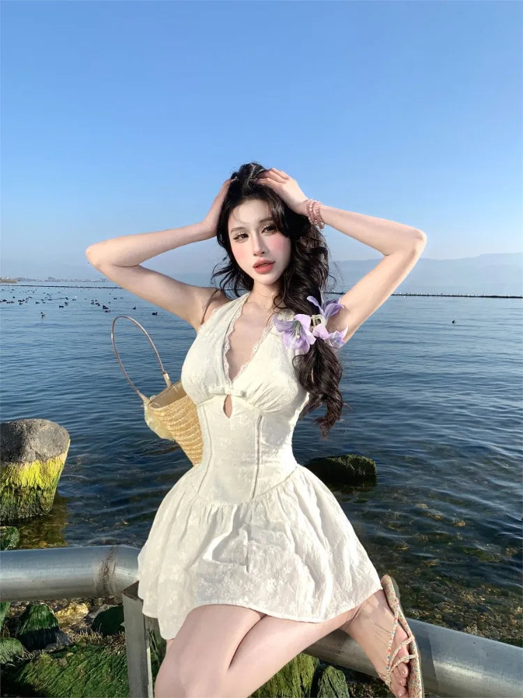 Hnewly  Woman Dress Sleeveless Halter V Neck Hollow Out Slim Lace Patchwork Summer Fashion Holiday Party Mini Dresses Elegant