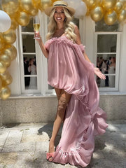 Hnewly  Cutenew See Through Dress Irregular Women Elegant Birthday Party Large Hem Fungus One Shoulder Patchwork Sweet Chic Vestidos