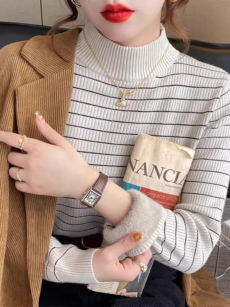 Hnewly  Half High Collar Striped Sweater Velvet Bottoming Shirts for Women's Autumn Winter Thicked Warm Pullover Slim Knitting Top