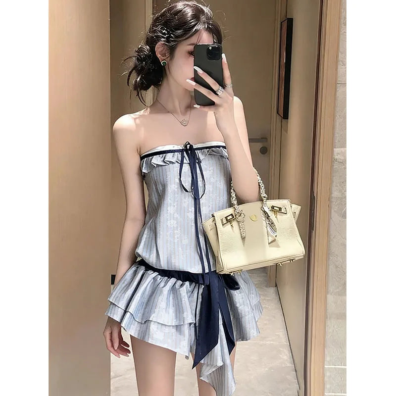 Hnewly  Blue Casual Lazy Style Light Strapless Floral Embroidery Striped Dress Women's Summer New Irregular Design Short Skirt