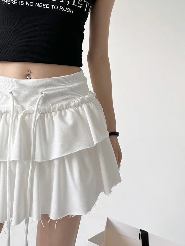 Hnewly Korean Retro Solid Color All Match Cake Skirt Women Summer New High Waist Lace-up Sexy Slim Pleated A-line Skirt