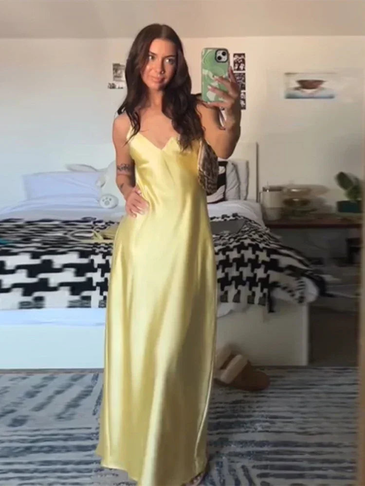 Hnewly Fashion Solid Stain Sling Maxi Vestido Chic Sleeveless Backless V Neck Off Shoulder Slim Dress 2025 New Summer Lady Evening Wear