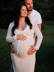 Hnewly  Elegant Maternity Dress Photoshoot Adjustable Lace Gown for Baby Shower Prenatal Photography Two-piece set