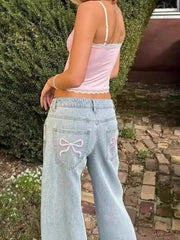 Hnewly  Europe and the United States casual comfortable simple style bow embroidery fashion straight leg retro blue jeans ins
