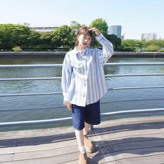 Hnewly  Casual Colorful Stripe Shirts Women Loose Lapel Single Breasted Long Sleeve Female Blouse Summer Lady All-match Tops