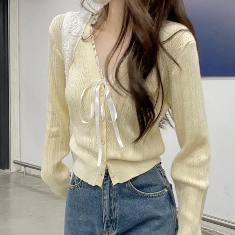 Hnewly  Women's Pointelle Knit Cardigan with Bow Long Sleeve Button Front Sweater Openwork Cardi Teen-girl Fairycore Balletcore Outfit