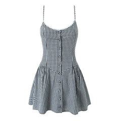 Lunivop  Sexy Gingham Plaid Spliced Lace O neck Mini Sling Dress Women Open Through Buttons Low Waist Swing A line one-piece Dresses